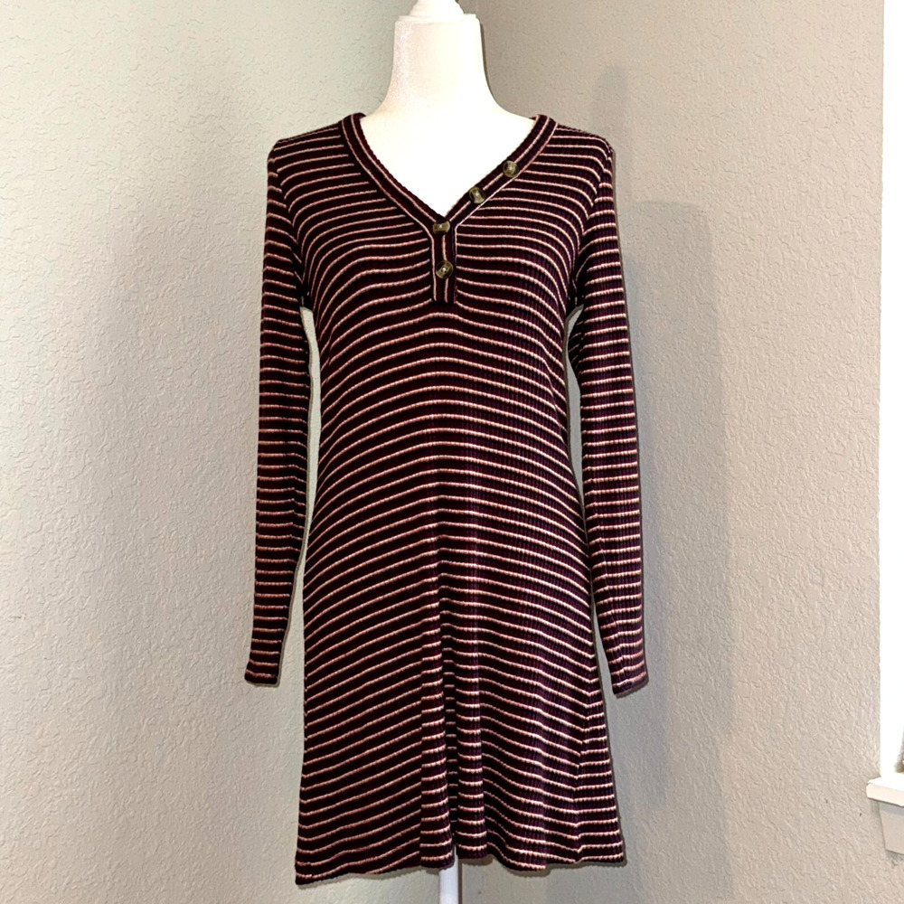 American Eagle Henley Dress Women's Medium Red White Striped Knitted Long Sleeve